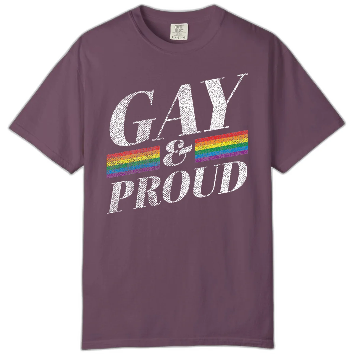 Gay and proud pride design with large white textured letters and rainbow flag stripes on gray background in Berry