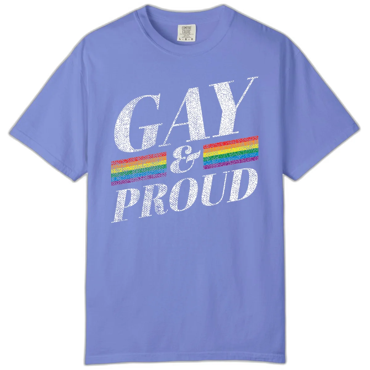 Gay and proud pride design with large white textured letters and rainbow flag stripes on gray background in Flo Blue
