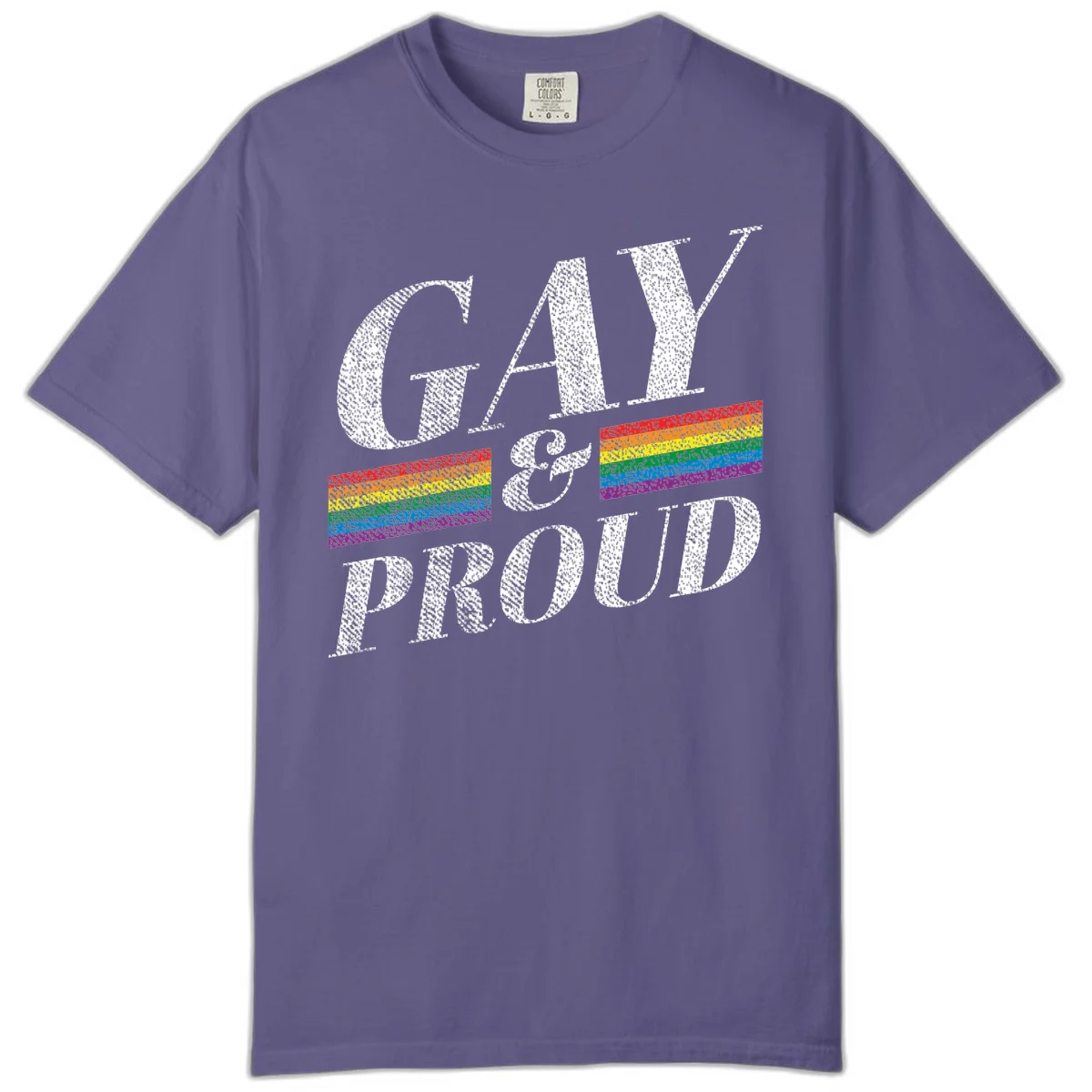 Gay and proud pride design with large white textured letters and rainbow flag stripes on gray background in Grape