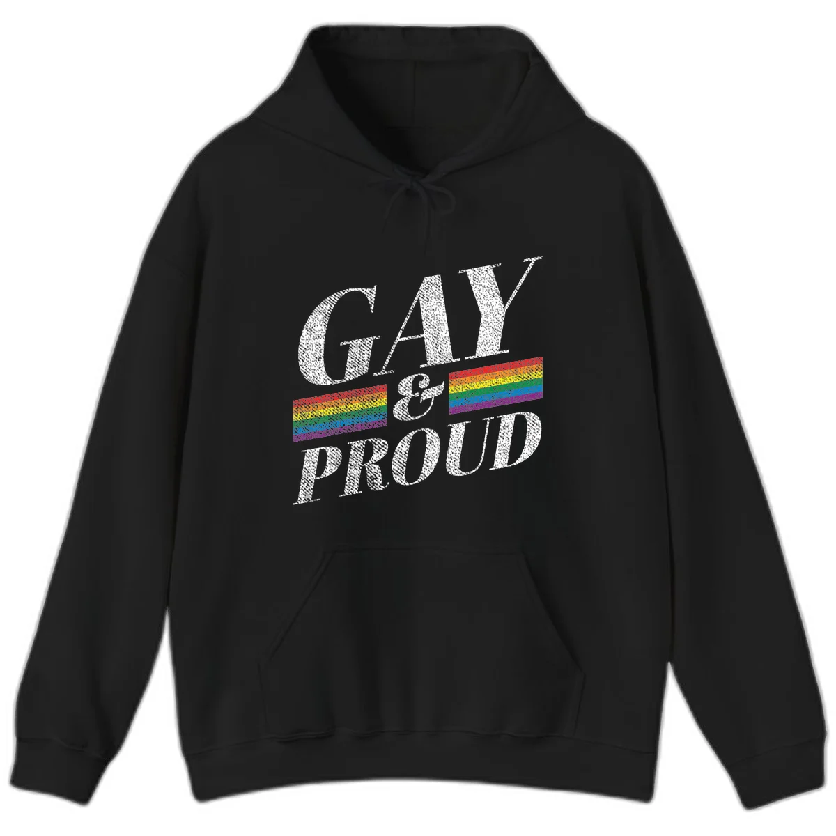 Gay and proud pride design with large white textured letters and rainbow flag stripes on gray background in Black