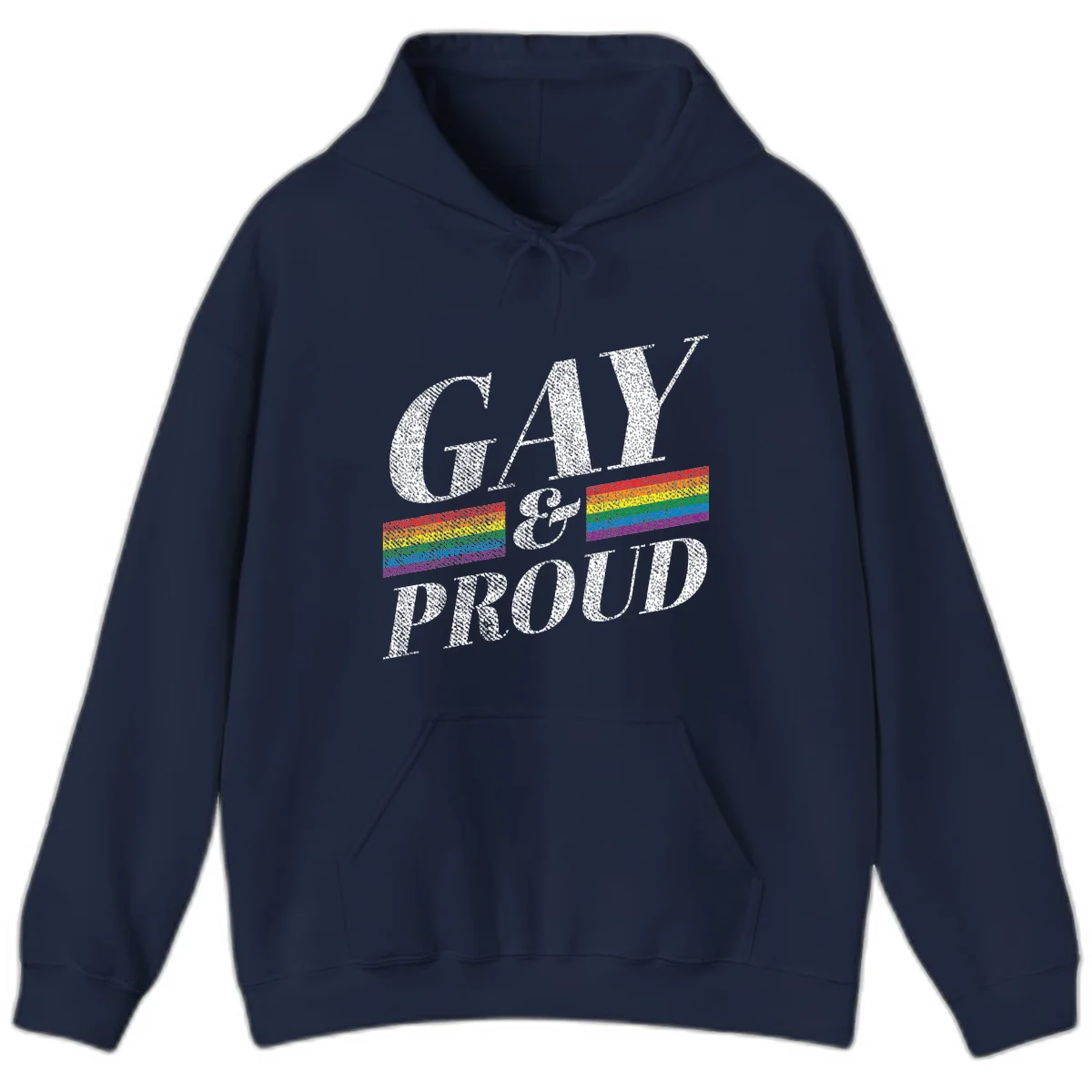 Gay and proud pride design with large white textured letters and rainbow flag stripes on gray background in Navy
