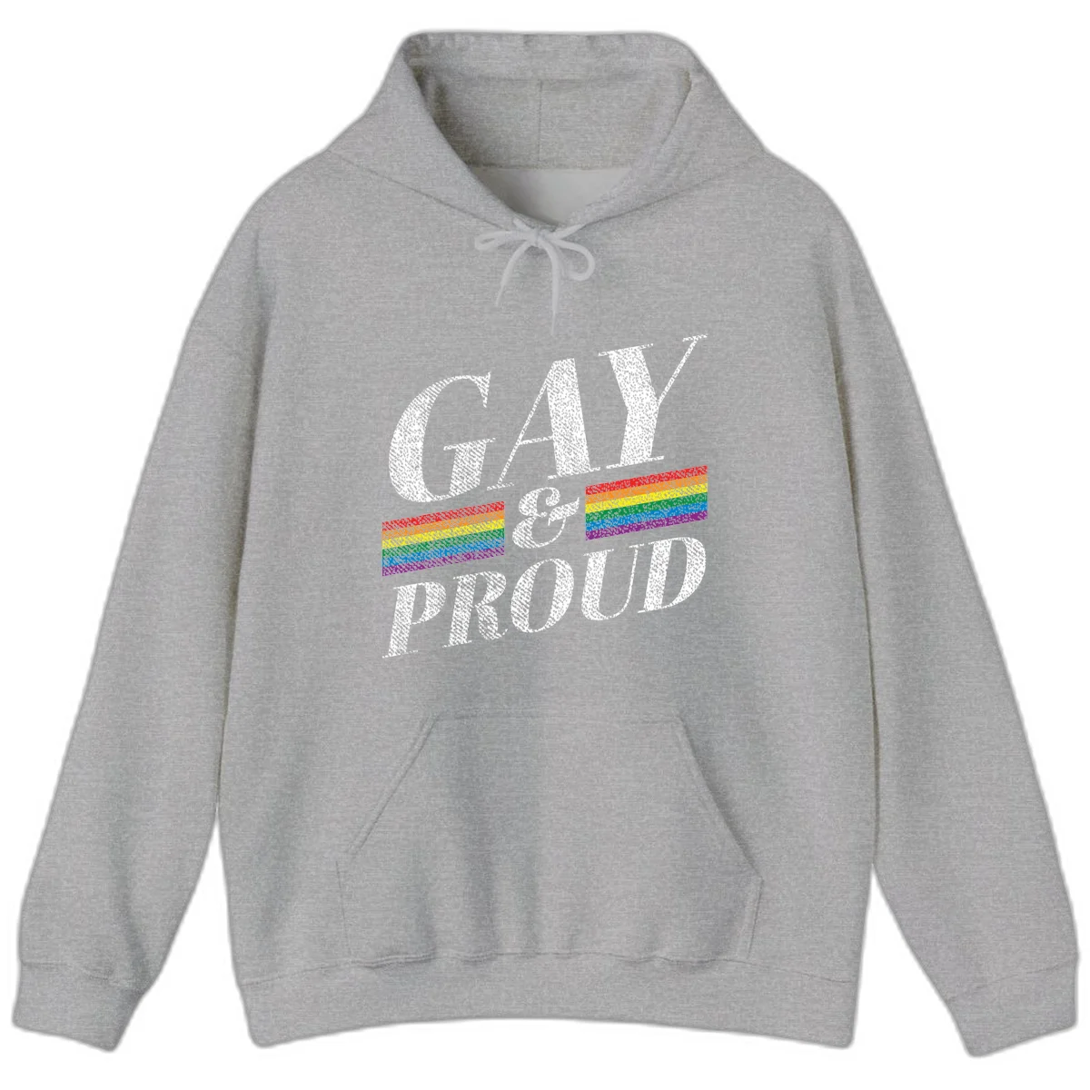 Gay and proud pride design with large white textured letters and rainbow flag stripes on gray background in Sport Grey