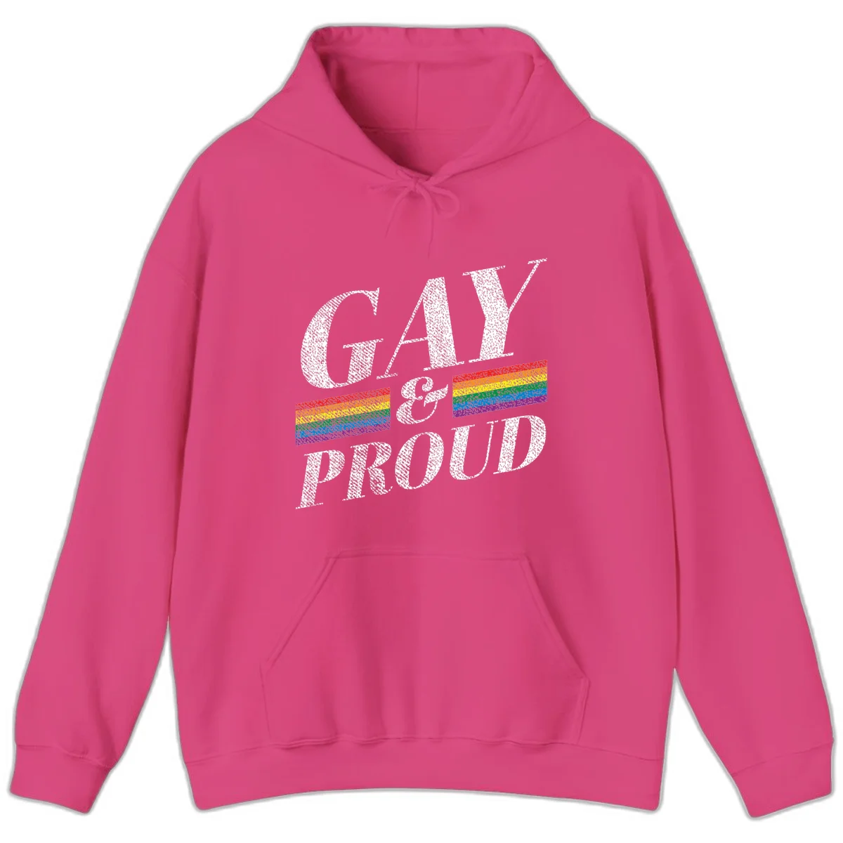 Gay and proud pride design with large white textured letters and rainbow flag stripes on gray background in Heliconia