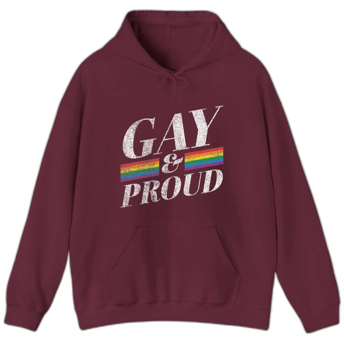 Gay and proud pride design with large white textured letters and rainbow flag stripes on gray background in Maroon