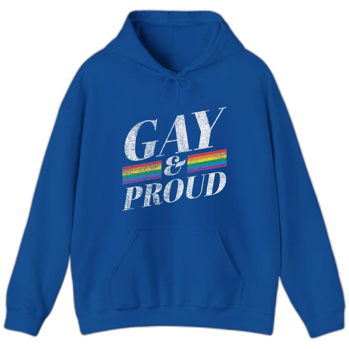 Gay and proud pride design with large white textured letters and rainbow flag stripes on gray background in Royal