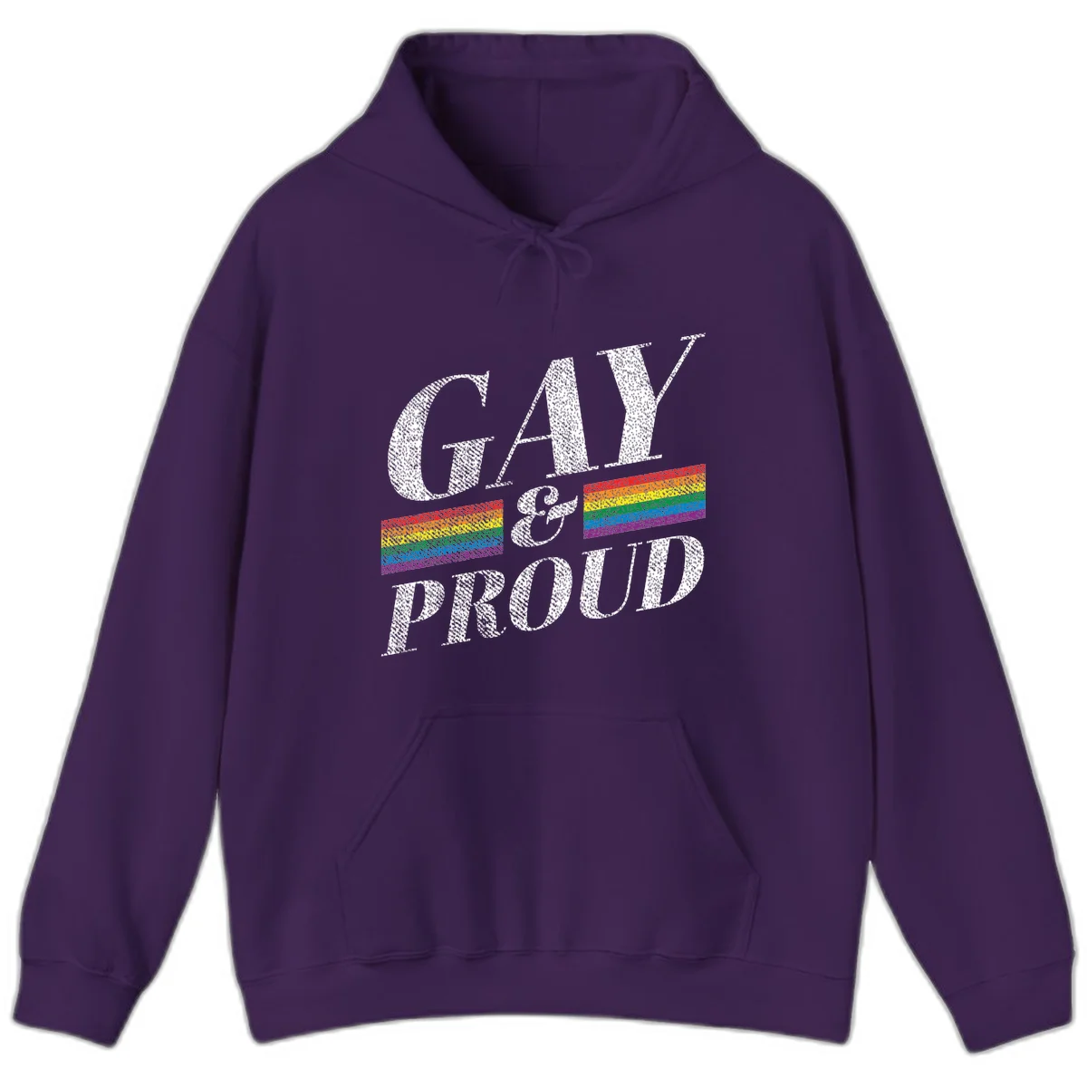 Gay and proud pride design with large white textured letters and rainbow flag stripes on gray background in Purple