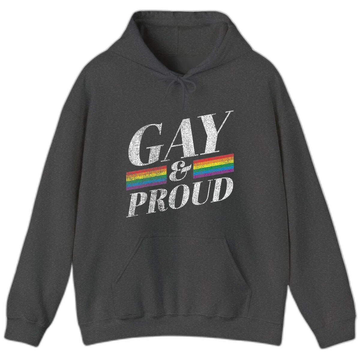 Gay and proud pride design with large white textured letters and rainbow flag stripes on gray background in Dark Heather