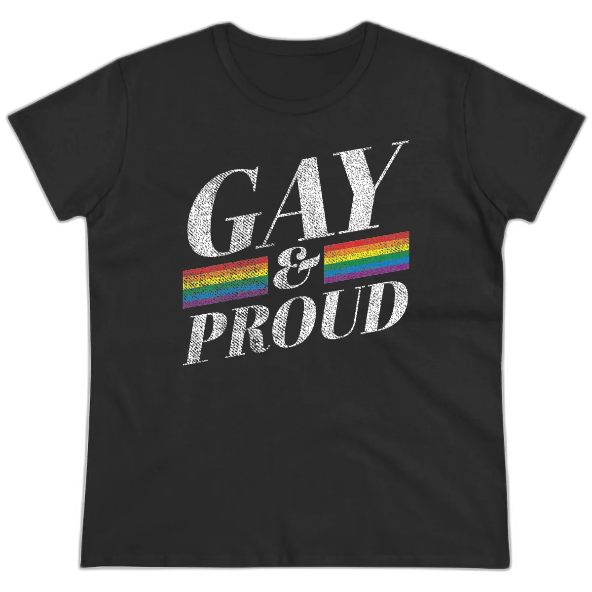 Gay and proud pride design with large white textured letters and rainbow flag stripes on gray background in Black
