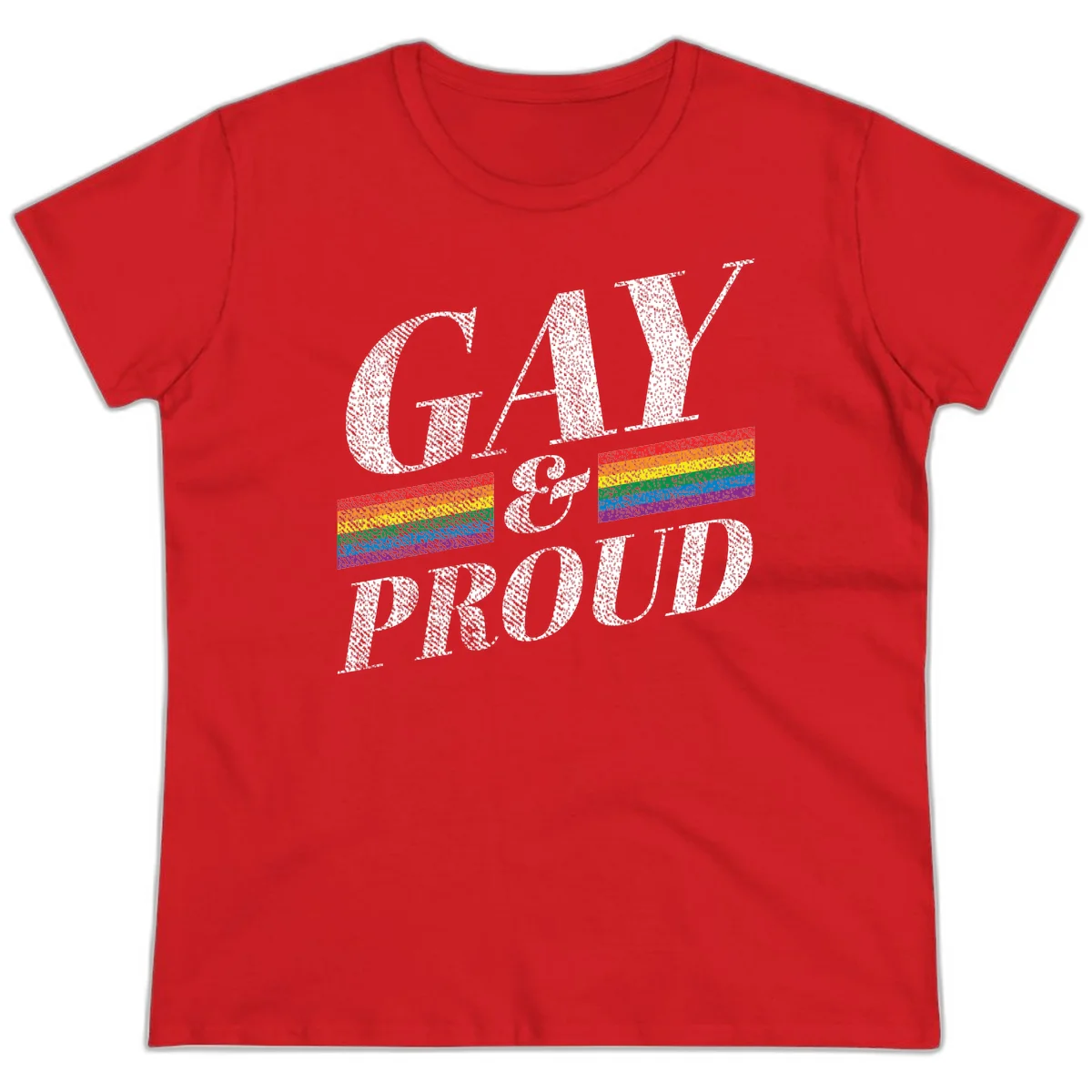 Gay and proud pride design with large white textured letters and rainbow flag stripes on gray background in Red