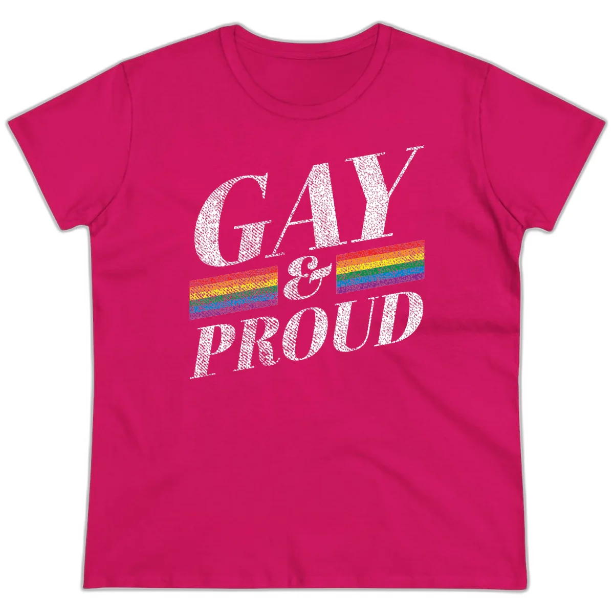 Gay and proud pride design with large white textured letters and rainbow flag stripes on gray background in Heliconia