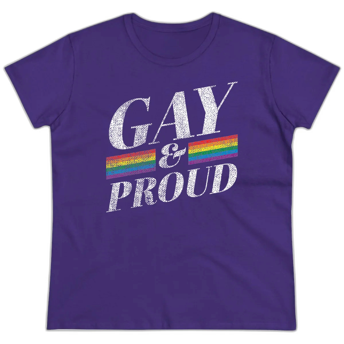 Gay and proud pride design with large white textured letters and rainbow flag stripes on gray background in Purple