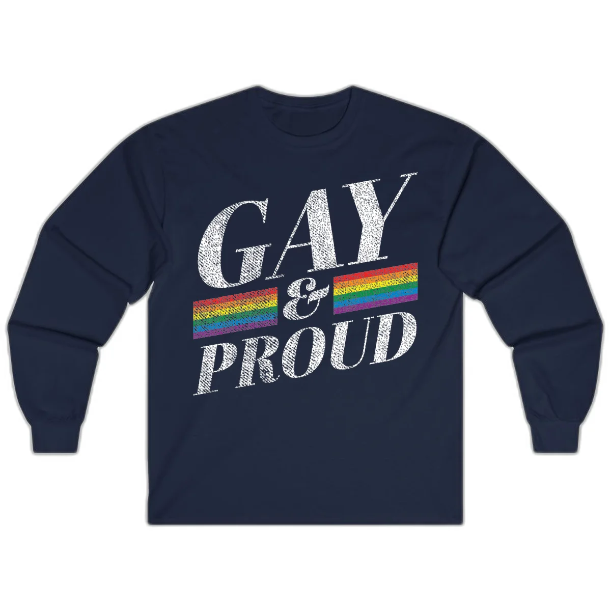 Gay and proud pride design with large white textured letters and rainbow flag stripes on gray background in Navy
