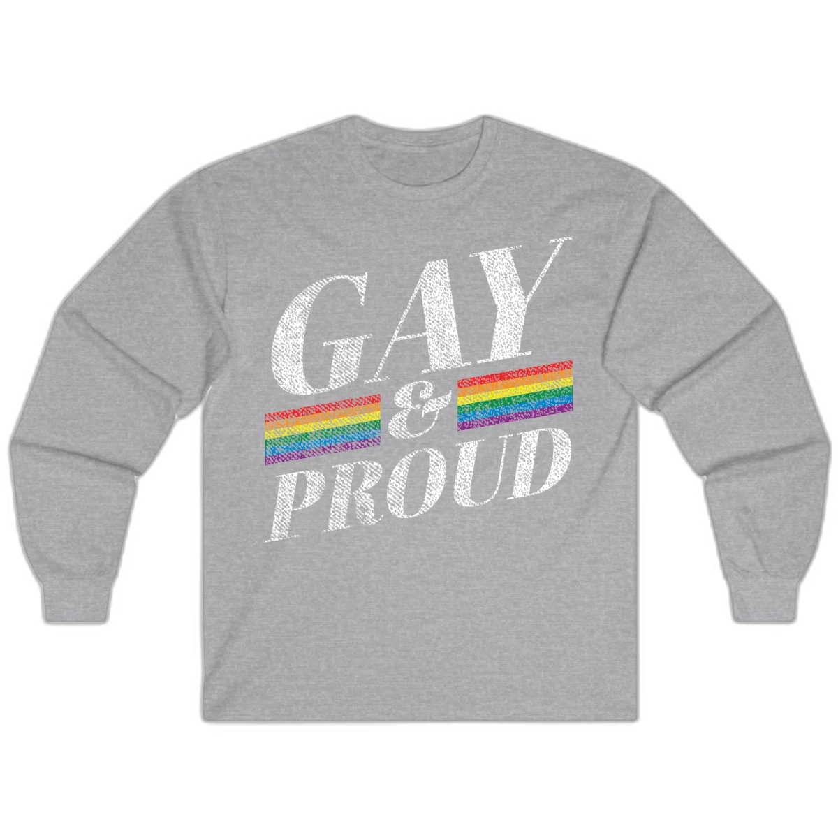 Gay and proud pride design with large white textured letters and rainbow flag stripes on gray background in Sport Grey