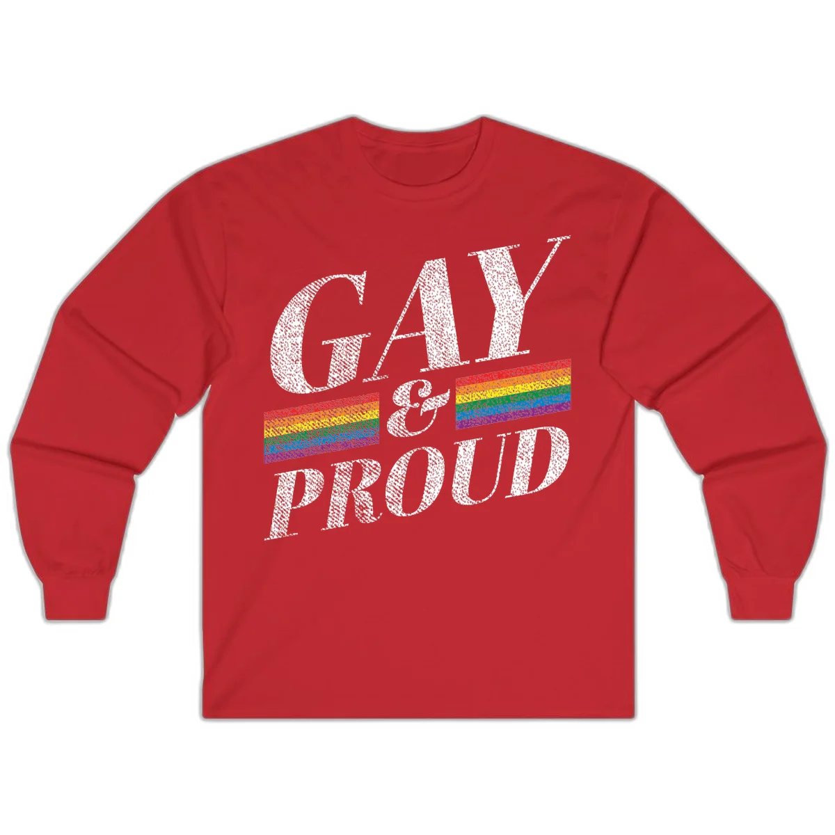 Gay and proud pride design with large white textured letters and rainbow flag stripes on gray background in Red