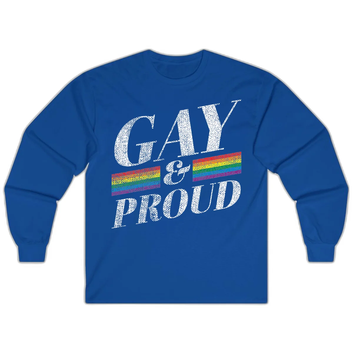 Gay and proud pride design with large white textured letters and rainbow flag stripes on gray background in Royal