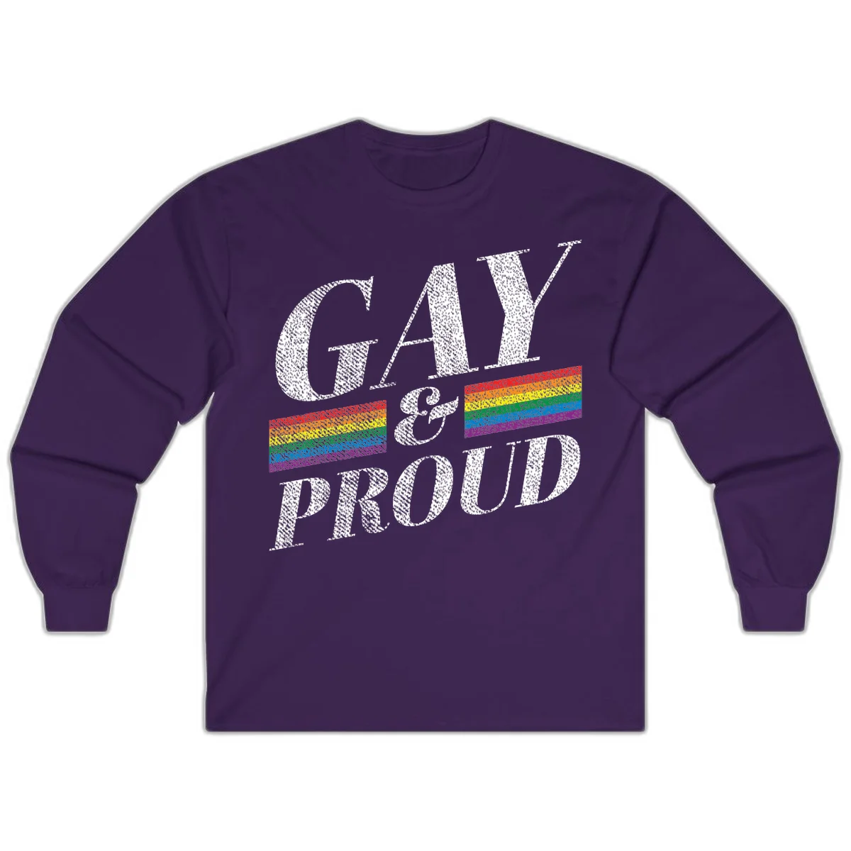 Gay and proud pride design with large white textured letters and rainbow flag stripes on gray background in Purple