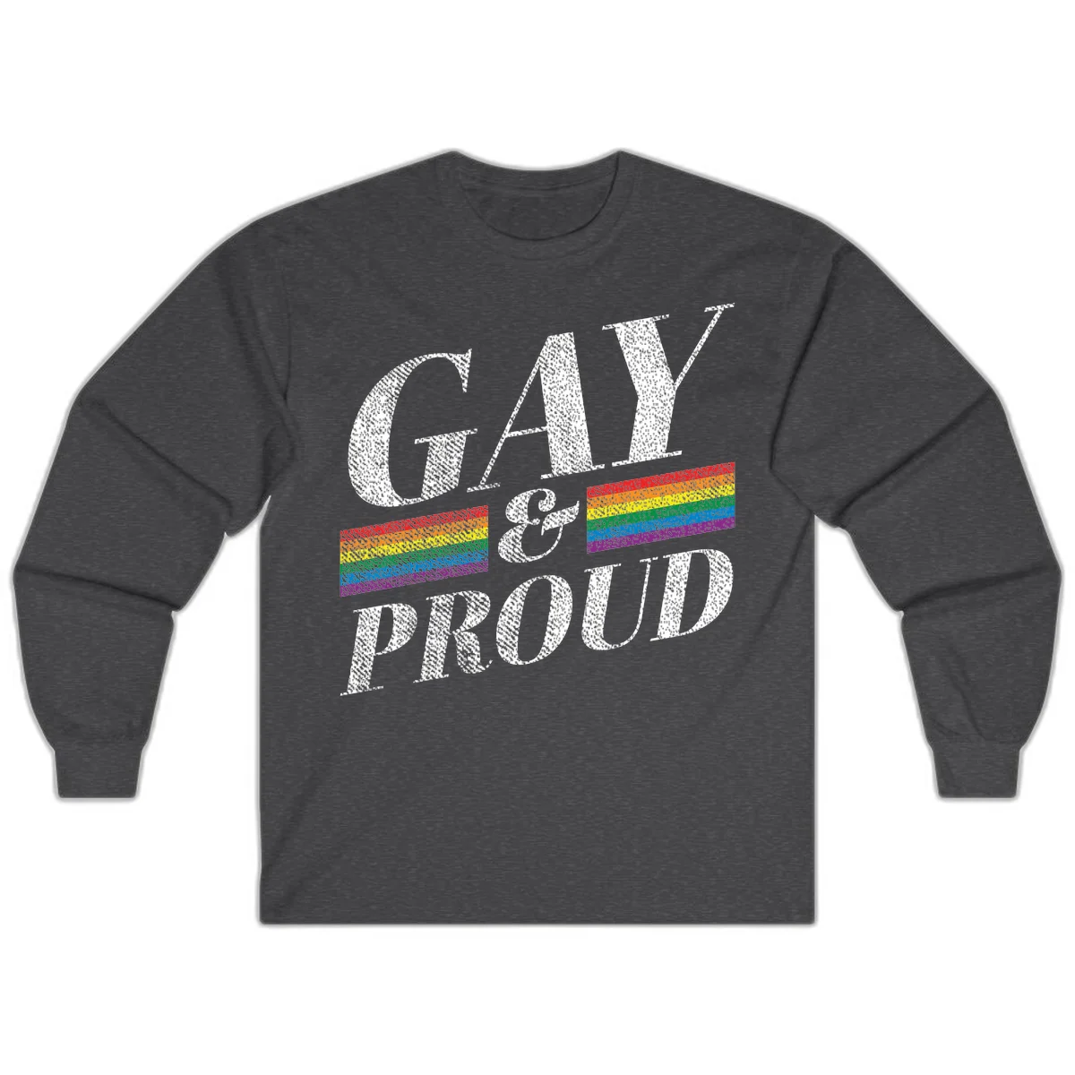 Gay and proud pride design with large white textured letters and rainbow flag stripes on gray background in Dark Heather