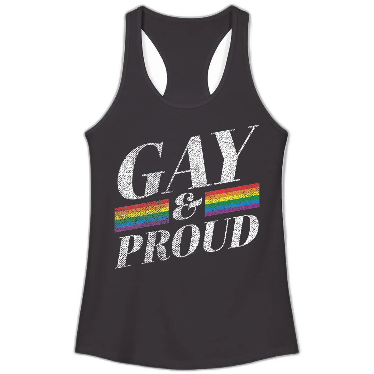 Gay and proud pride design with large white textured letters and rainbow flag stripes on gray background in Black