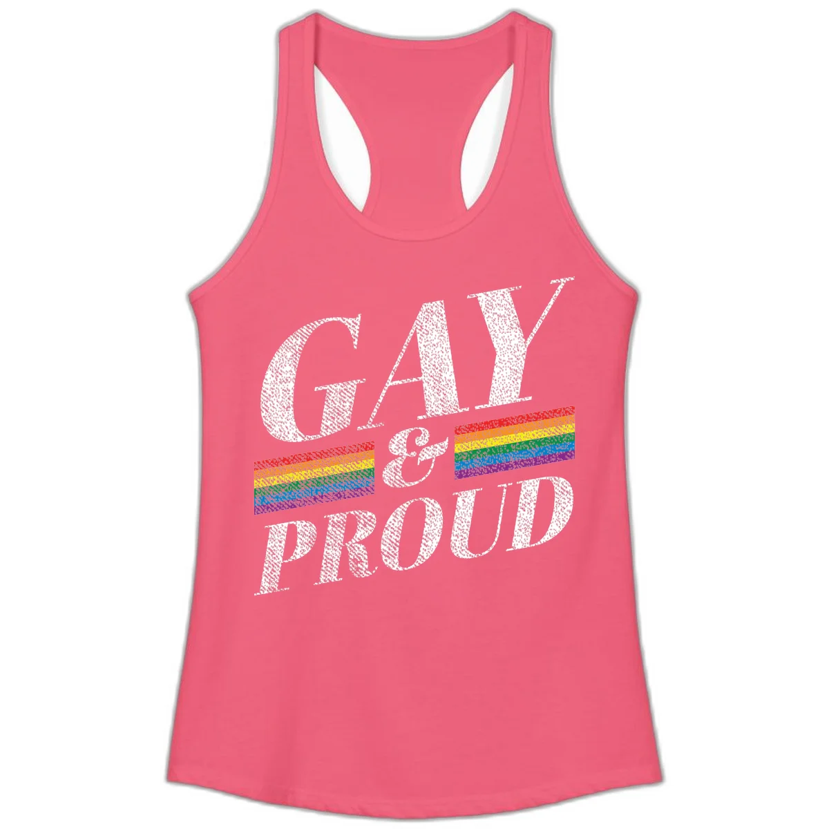 Gay and proud pride design with large white textured letters and rainbow flag stripes on gray background in Hot Pink