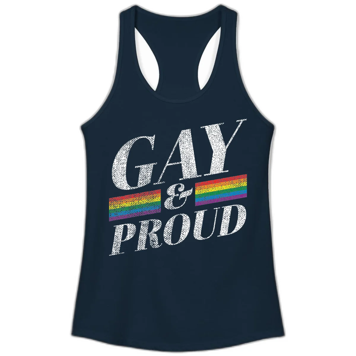 Gay and proud pride design with large white textured letters and rainbow flag stripes on gray background in Solid Midnight Navy