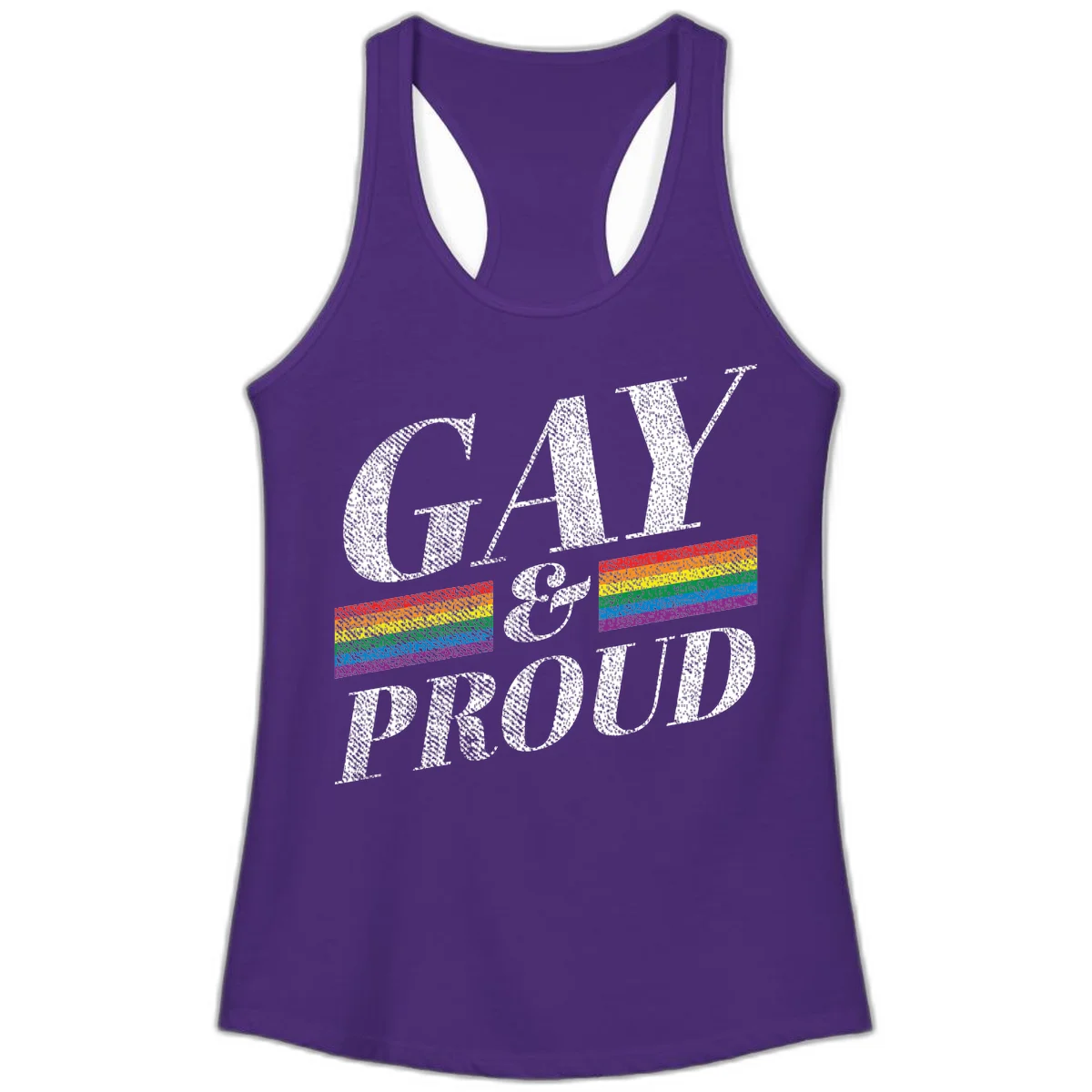 Gay and proud pride design with large white textured letters and rainbow flag stripes on gray background in Solid Purple Rush