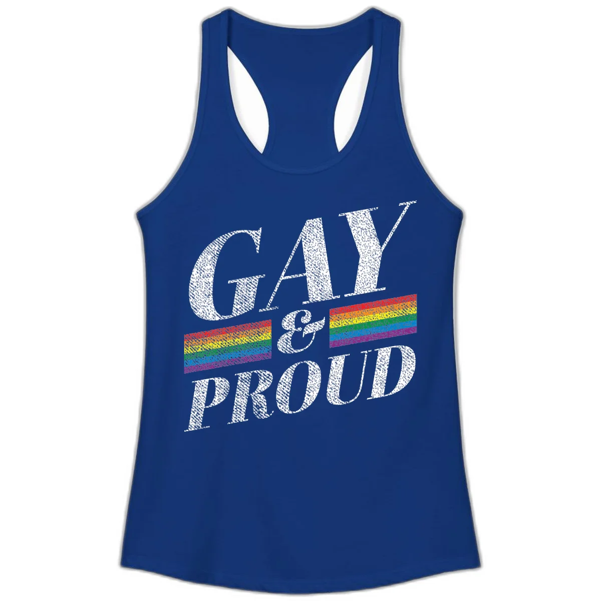 Gay and proud pride design with large white textured letters and rainbow flag stripes on gray background in Solid Royal
