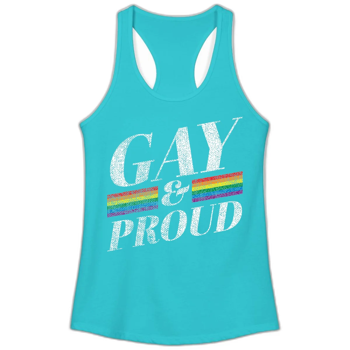 Gay and proud pride design with large white textured letters and rainbow flag stripes on gray background in Solid Tahiti Blue