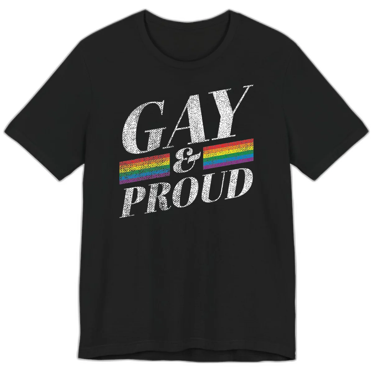 Gay and proud pride design with large white textured letters and rainbow flag stripes on gray background in Black