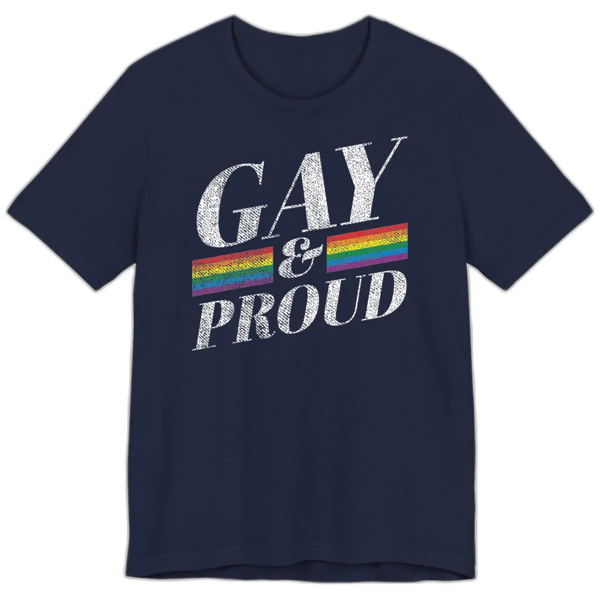 Gay and proud pride design with large white textured letters and rainbow flag stripes on gray background in Navy