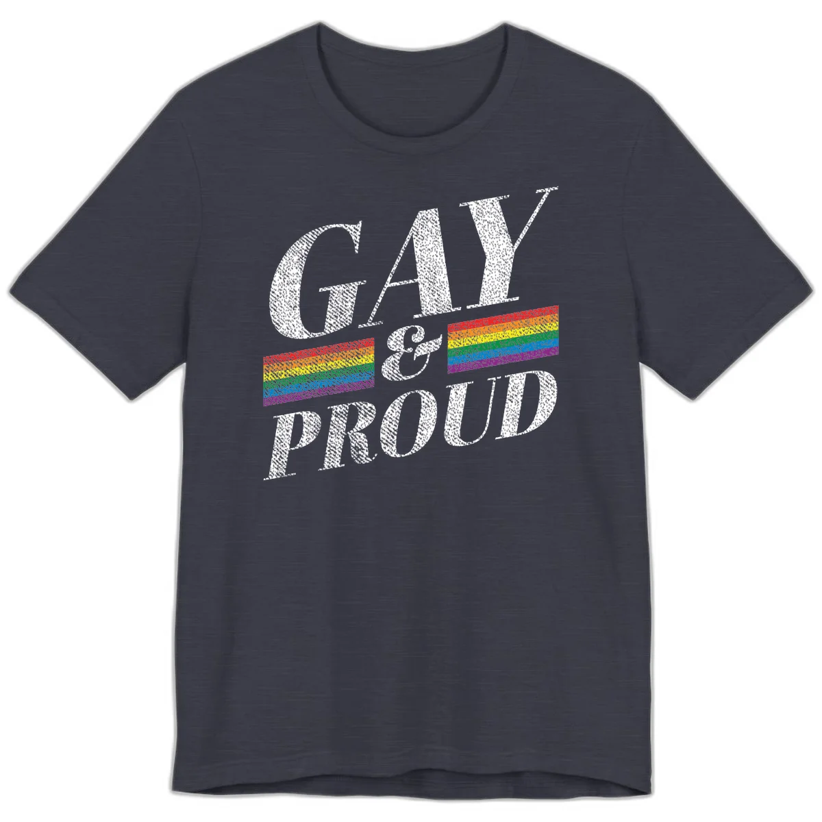 Gay and proud pride design with large white textured letters and rainbow flag stripes on gray background in Heather Midnight Navy