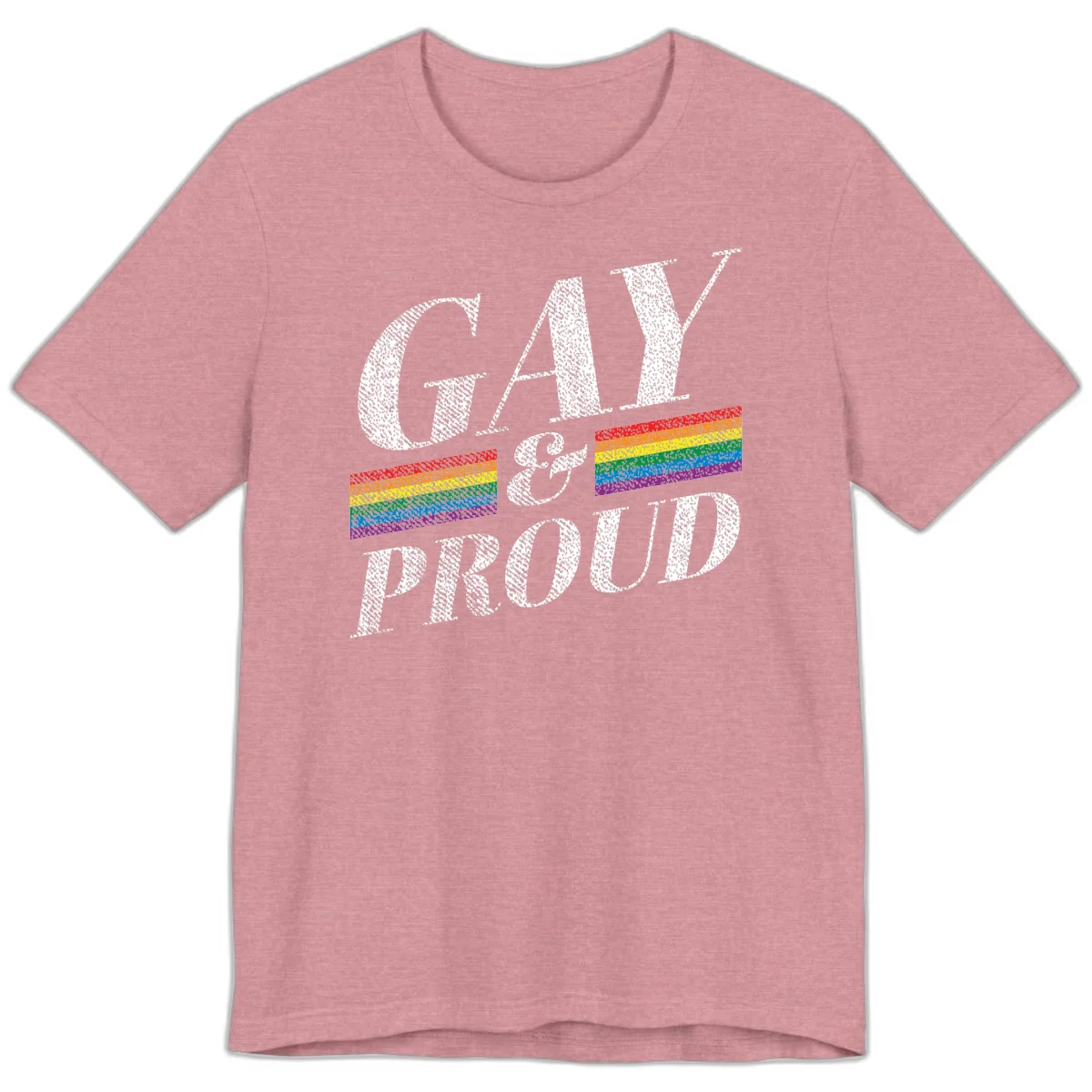 Gay and proud pride design with large white textured letters and rainbow flag stripes on gray background in Heather Orchid