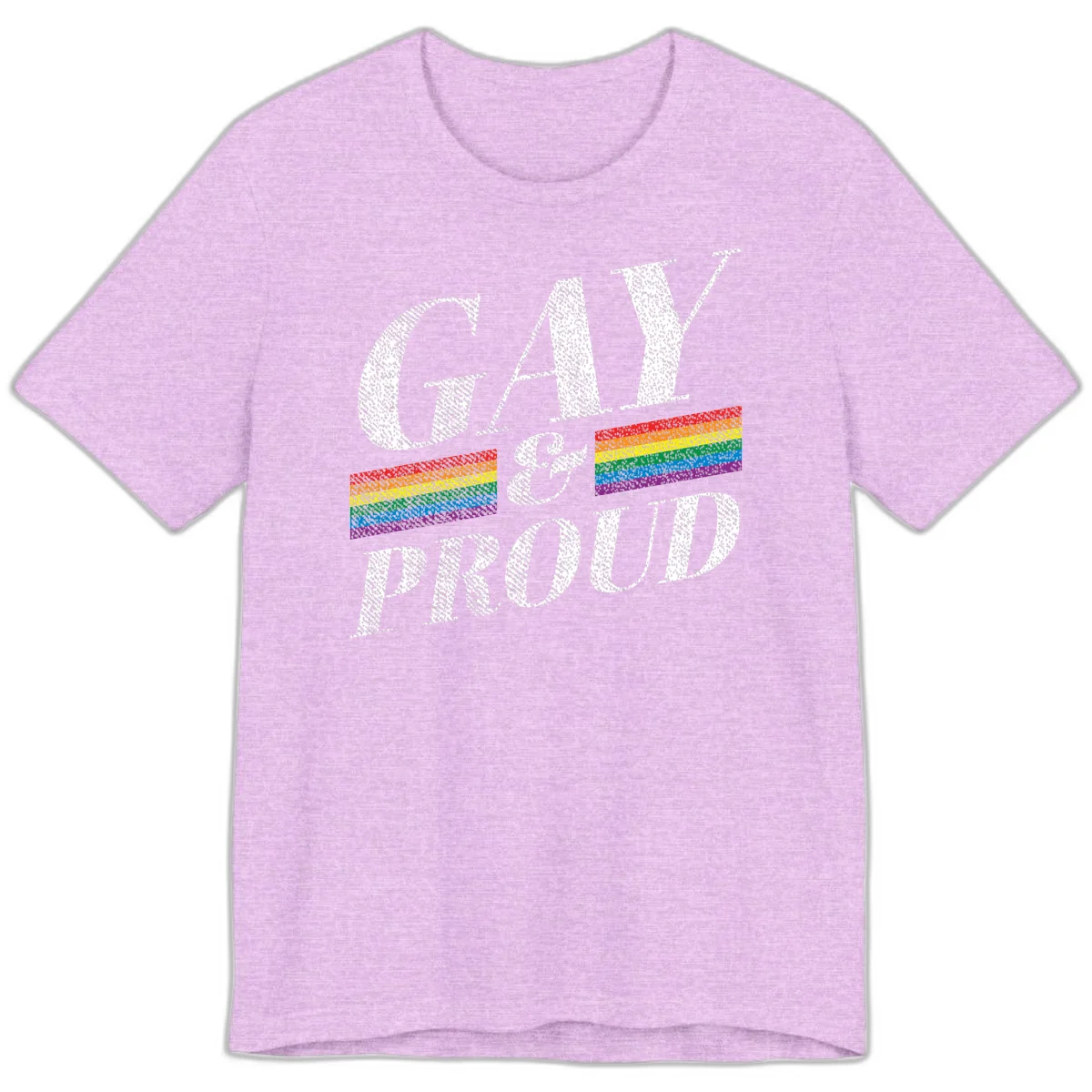 Gay and proud pride design with large white textured letters and rainbow flag stripes on gray background in Heather Prism Lilac