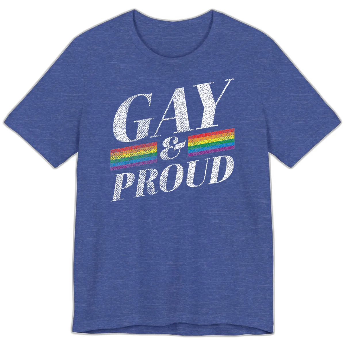 Gay and proud pride design with large white textured letters and rainbow flag stripes on gray background in Heather True Royal
