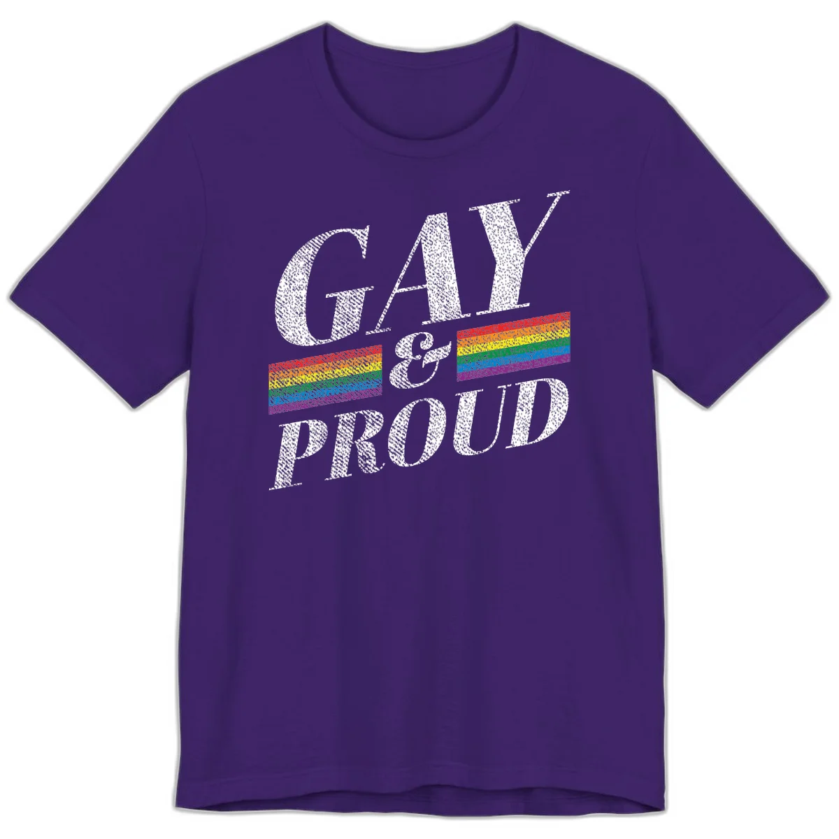Gay and proud pride design with large white textured letters and rainbow flag stripes on gray background in Team Purple