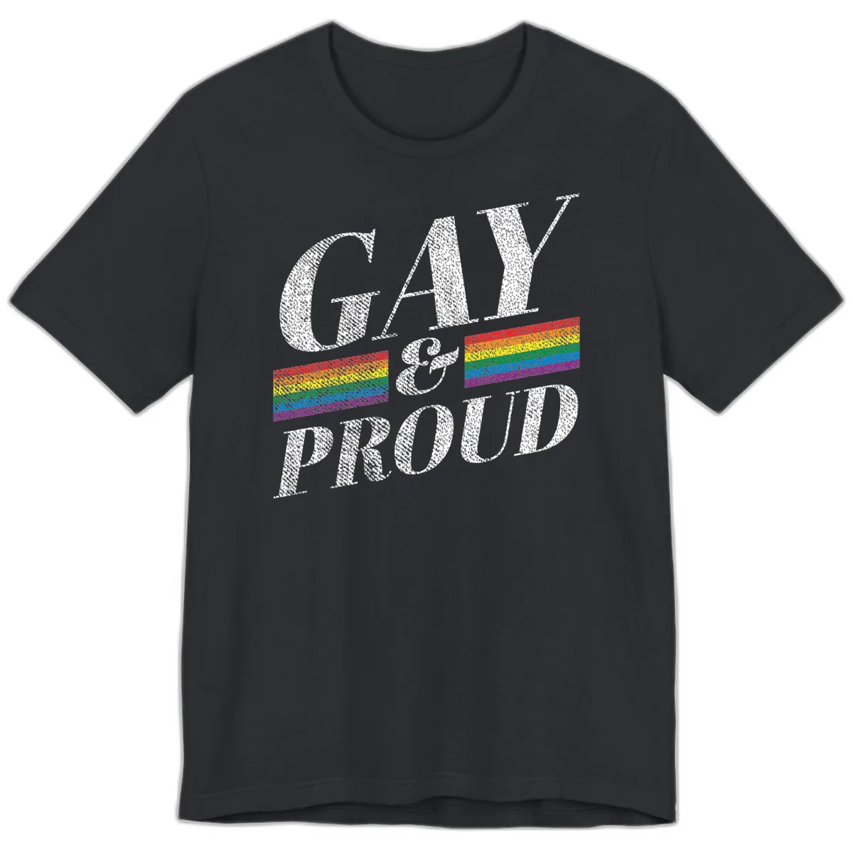 Gay and proud pride design with large white textured letters and rainbow flag stripes on gray background in Vintage Black