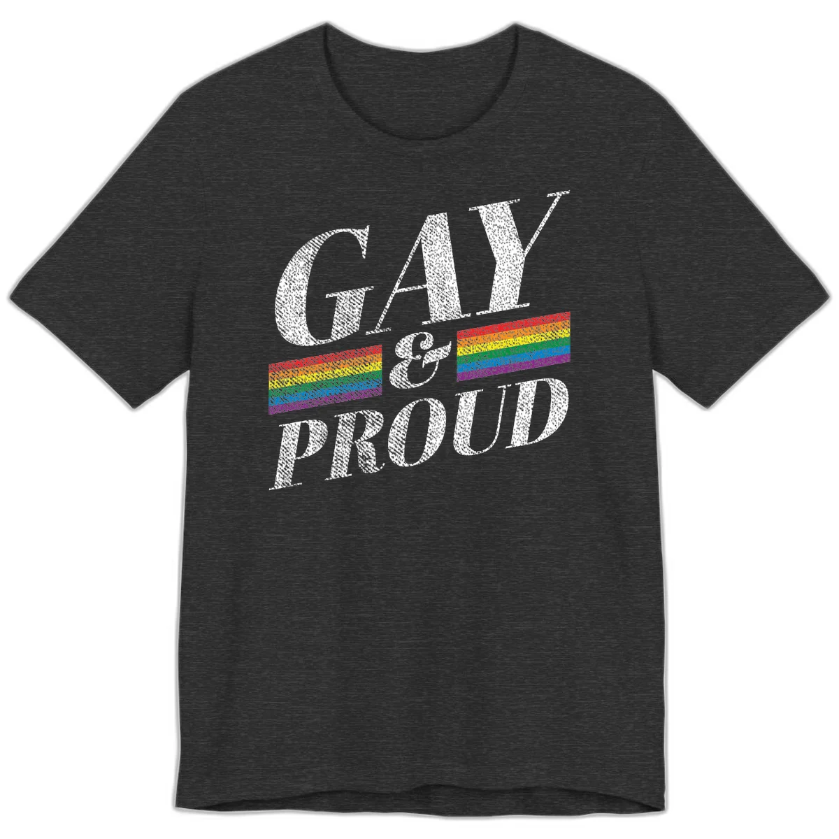 Gay and proud pride design with large white textured letters and rainbow flag stripes on gray background in Dark Grey Heather