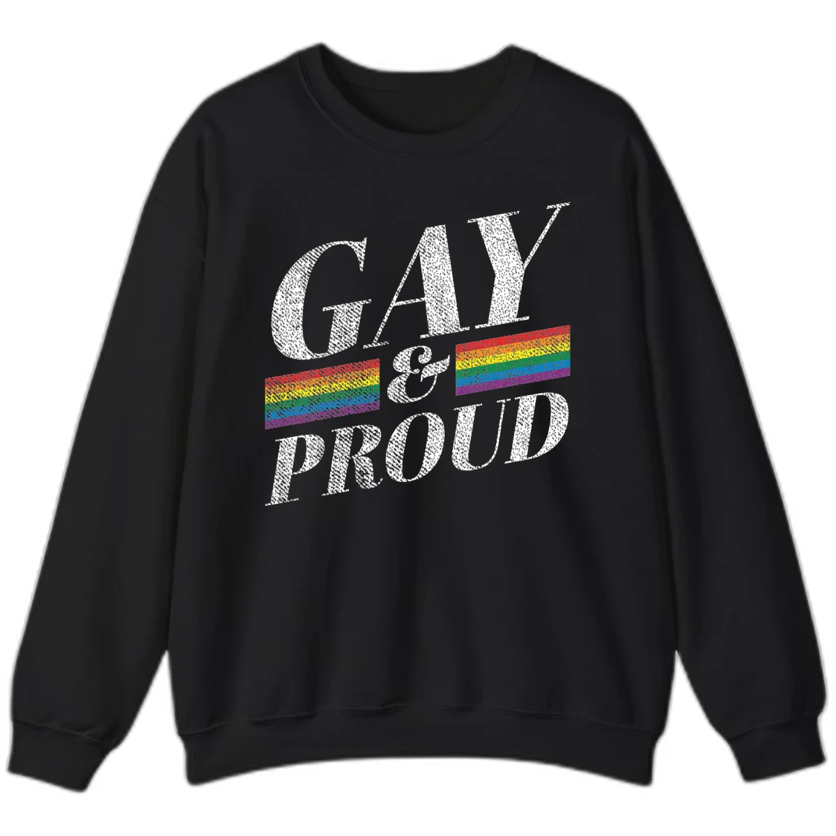 Gay and proud pride design with large white textured letters and rainbow flag stripes on gray background in Black
