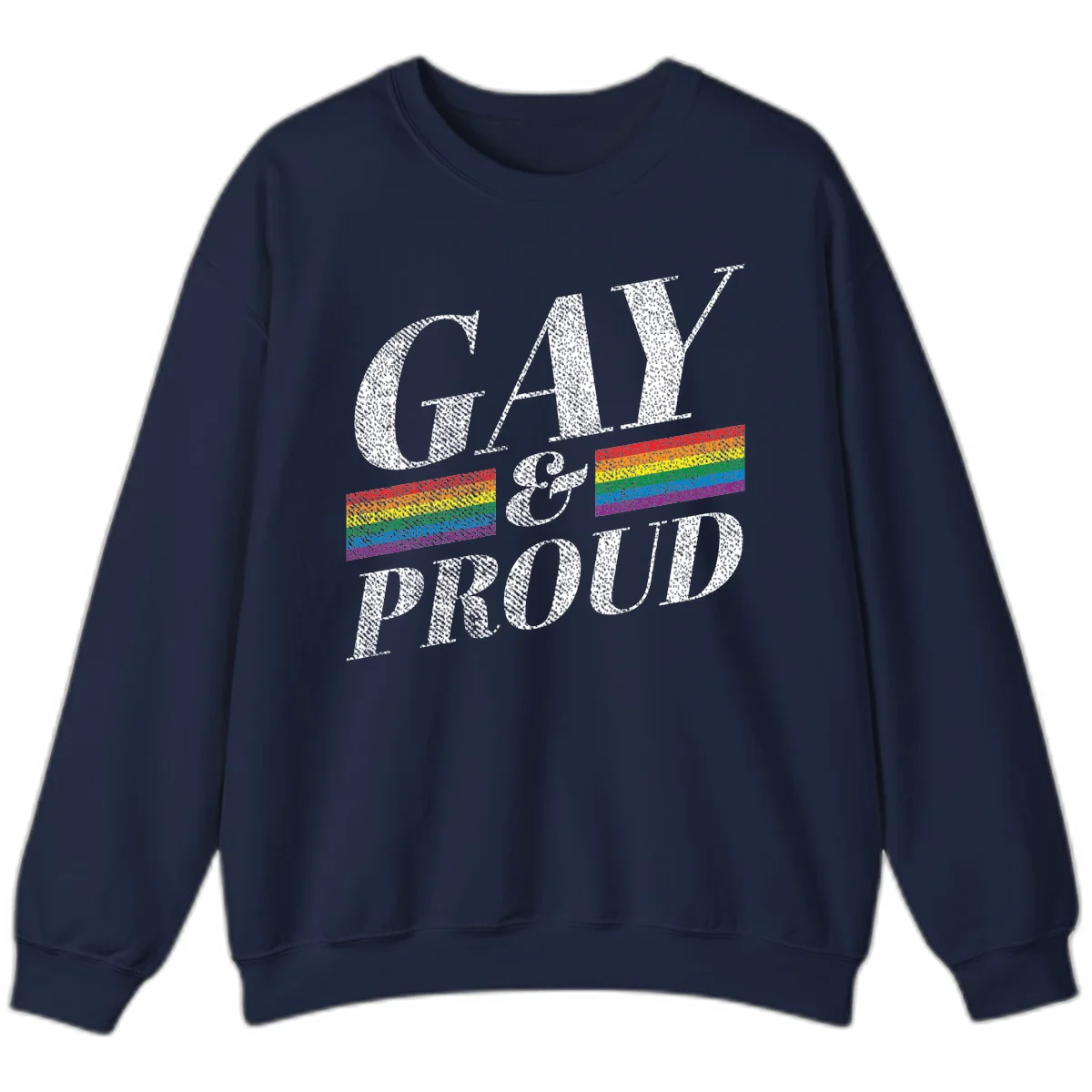 Gay and proud pride design with large white textured letters and rainbow flag stripes on gray background in Navy