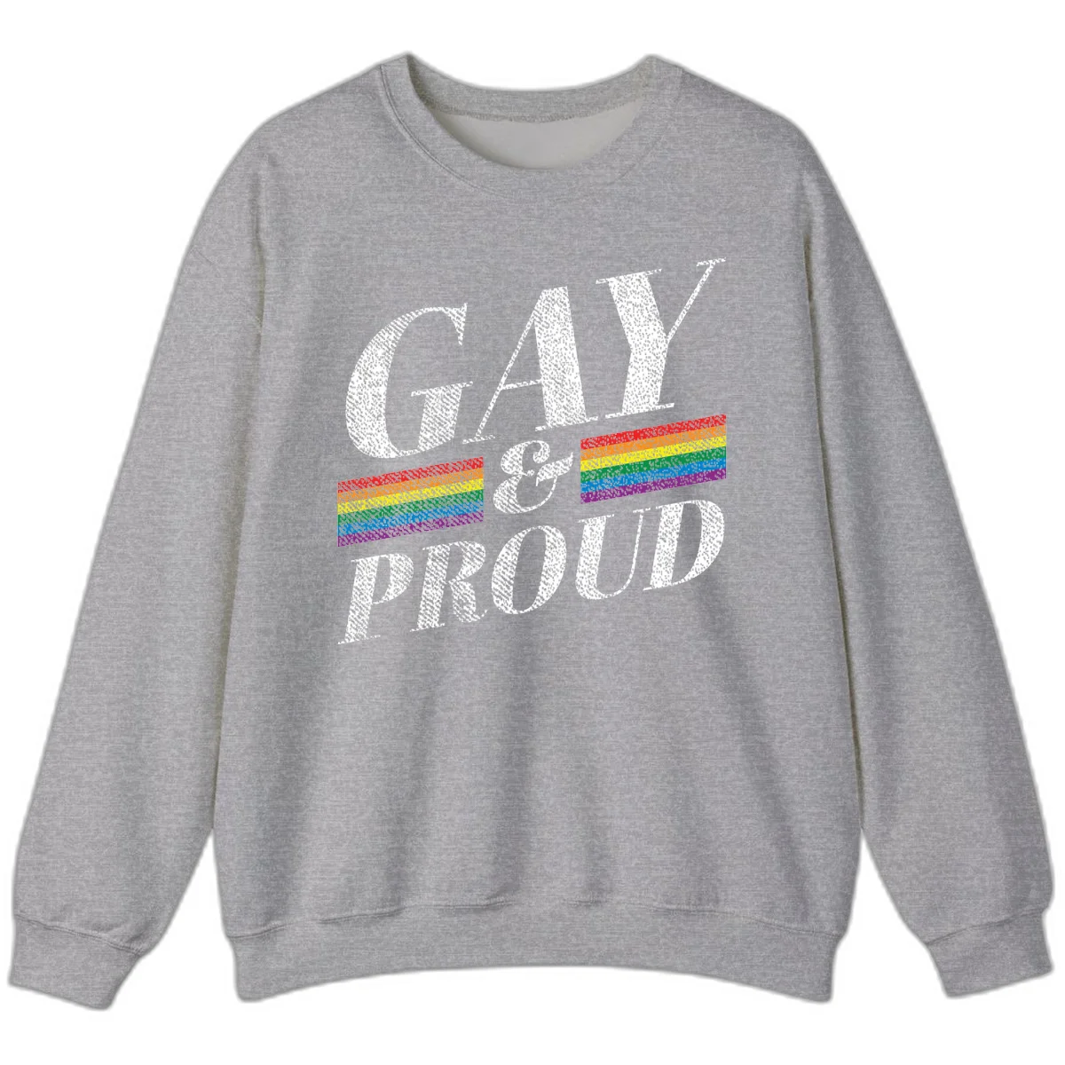 Gay and proud pride design with large white textured letters and rainbow flag stripes on gray background in Sport Grey