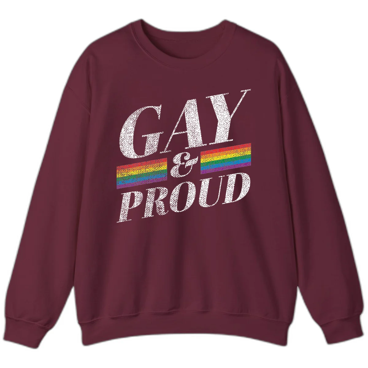 Gay and proud pride design with large white textured letters and rainbow flag stripes on gray background in Maroon