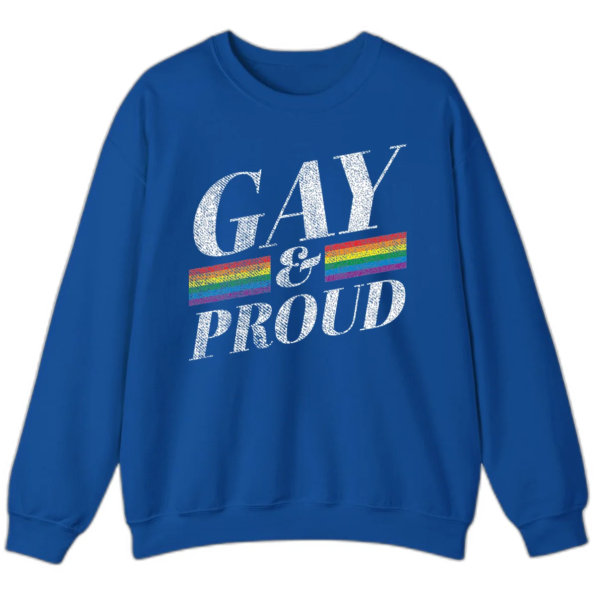Gay and proud pride design with large white textured letters and rainbow flag stripes on gray background in Royal