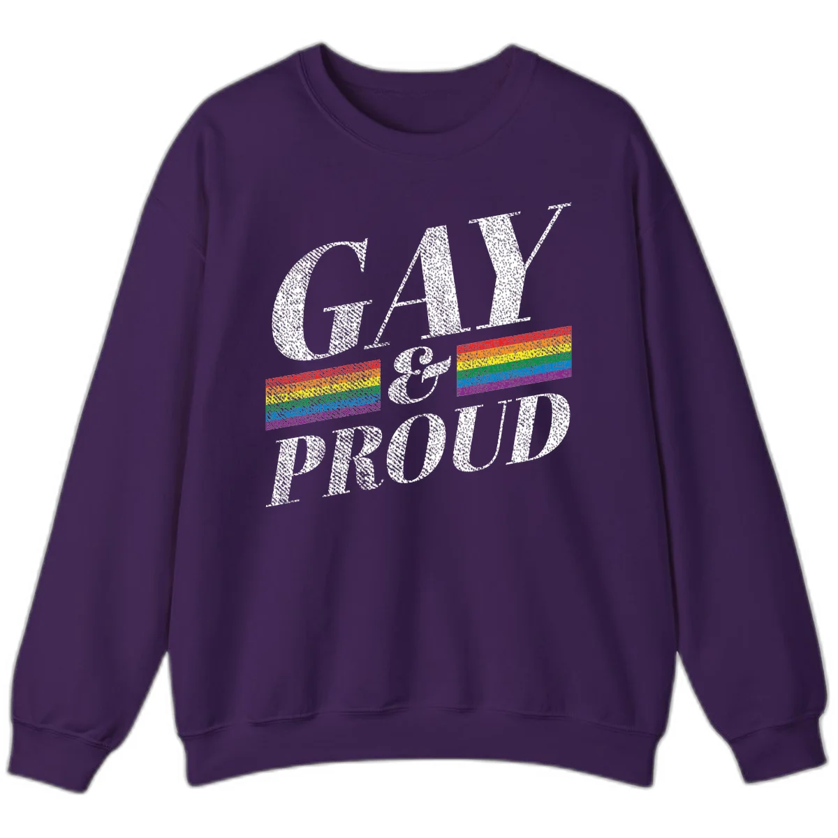 Gay and proud pride design with large white textured letters and rainbow flag stripes on gray background in Purple