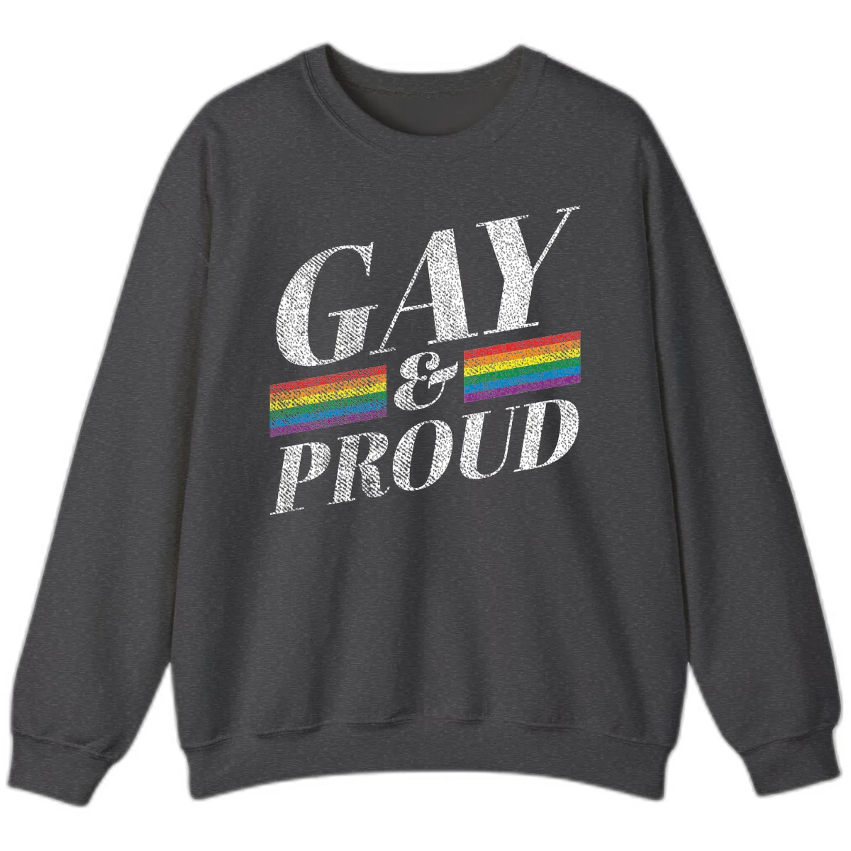 Gay and proud pride design with large white textured letters and rainbow flag stripes on gray background in Dark Heather