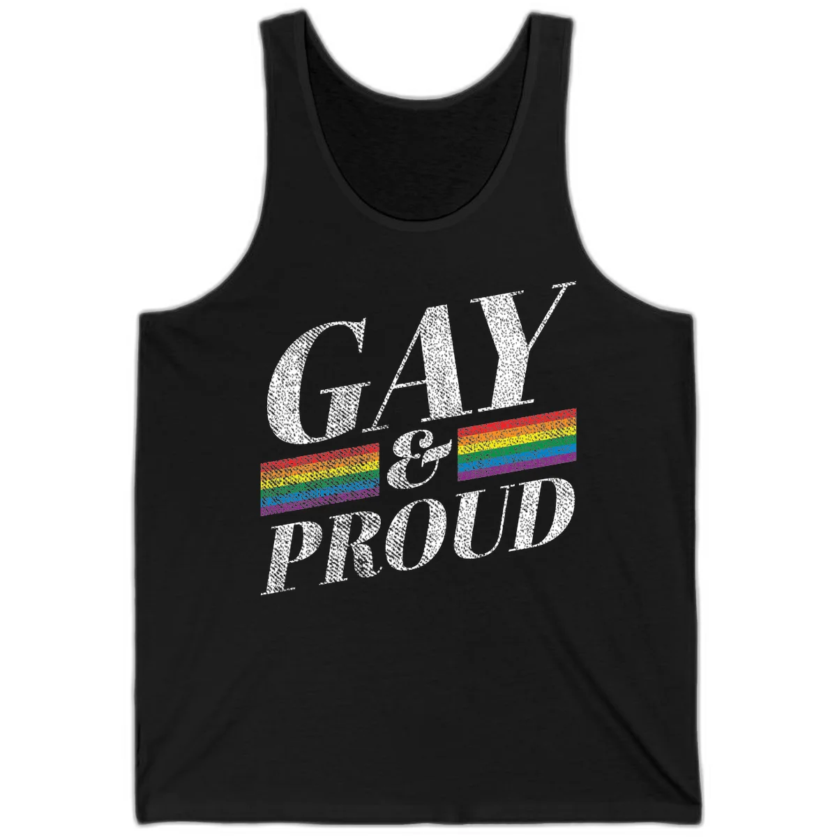 Gay and proud pride design with large white textured letters and rainbow flag stripes on gray background in Black