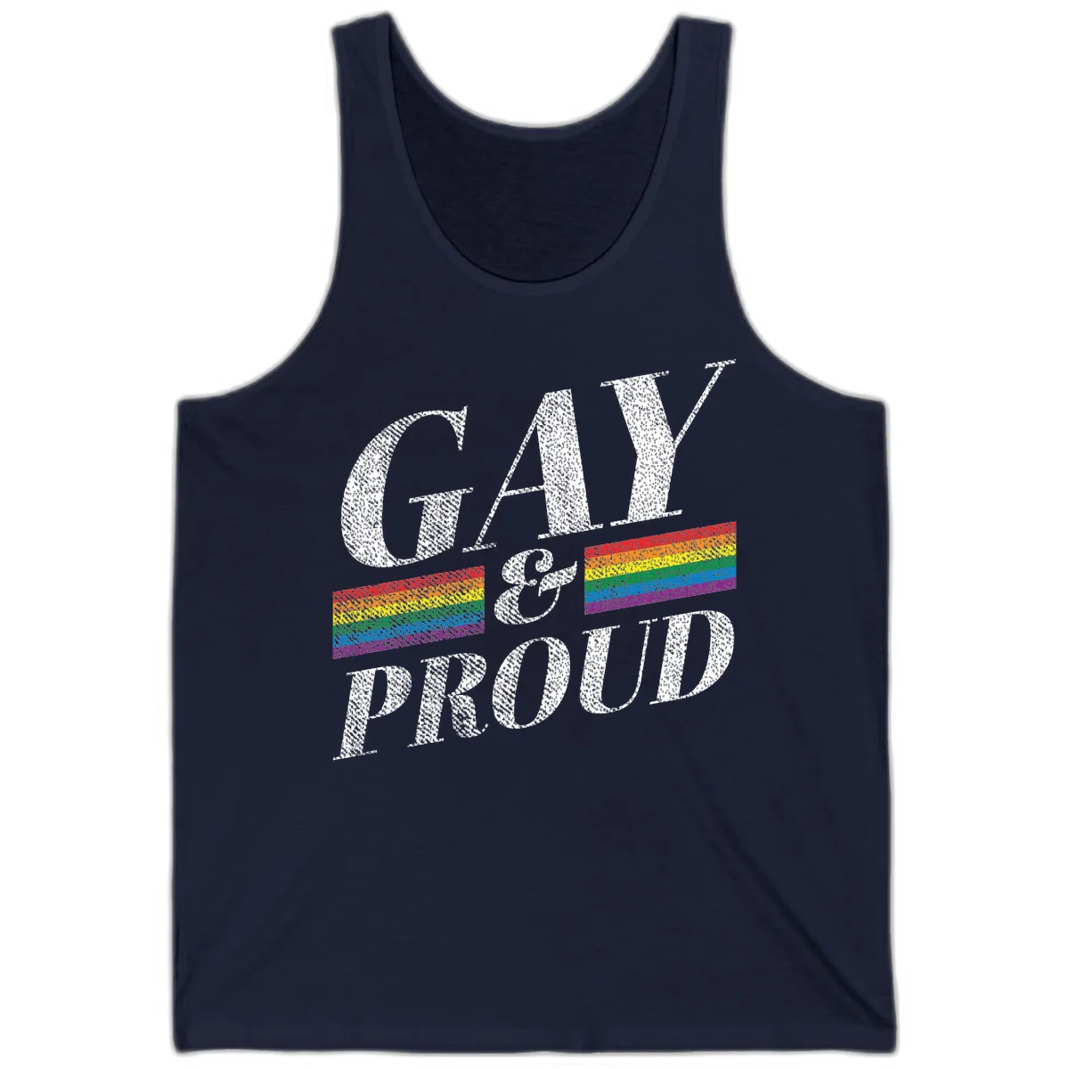 Gay and proud pride design with large white textured letters and rainbow flag stripes on gray background in Navy
