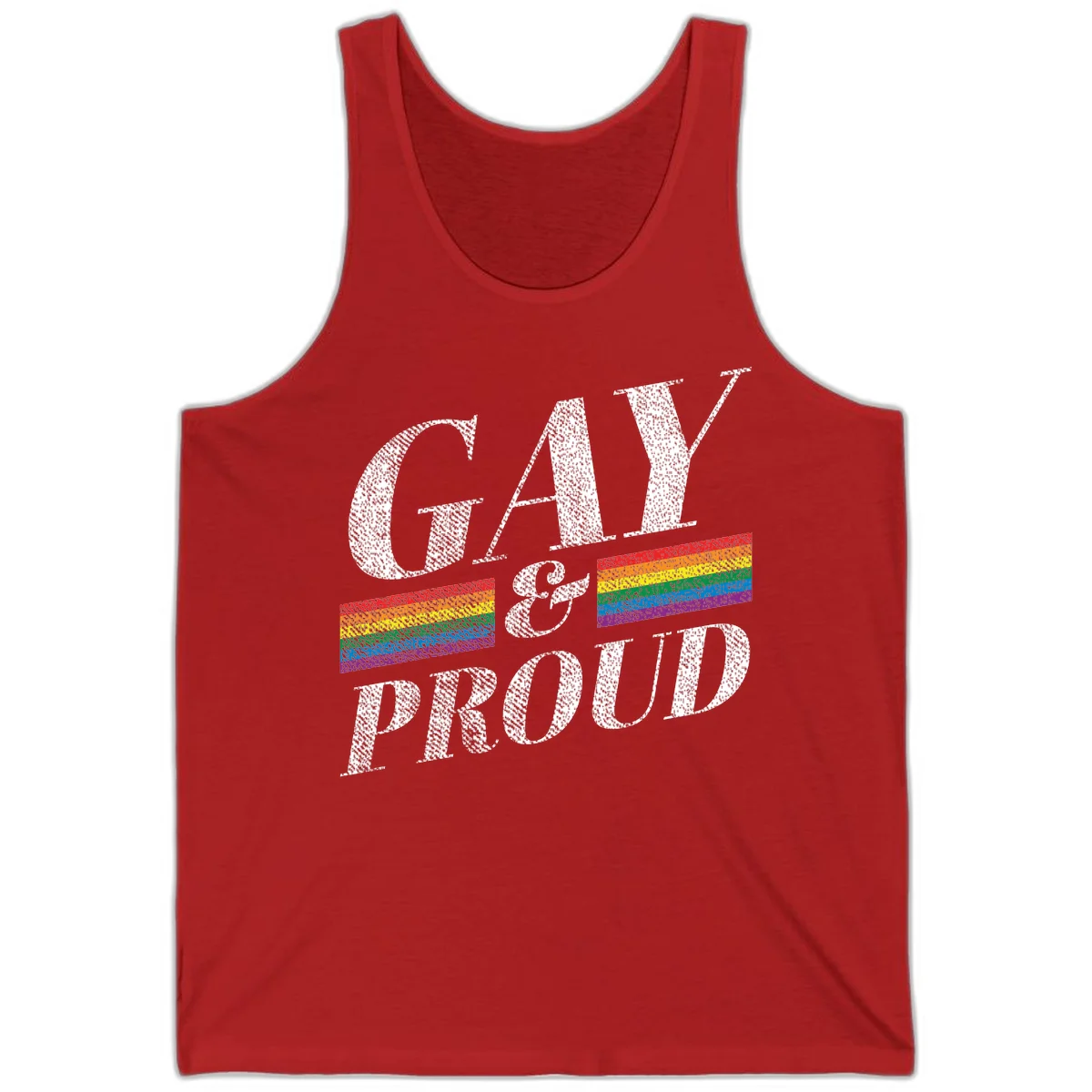 Gay and proud pride design with large white textured letters and rainbow flag stripes on gray background in Red