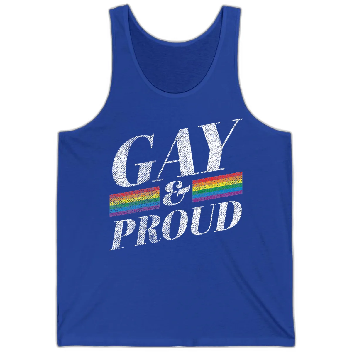 Gay and proud pride design with large white textured letters and rainbow flag stripes on gray background in True Royal