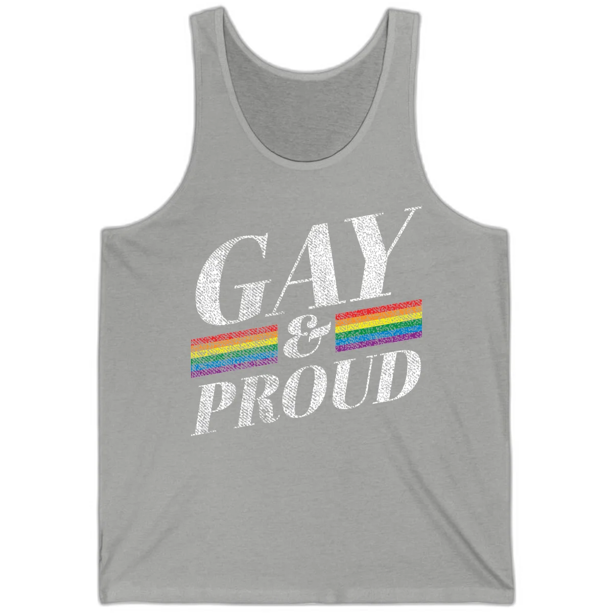 Gay and proud pride design with large white textured letters and rainbow flag stripes on gray background in Athletic Heather