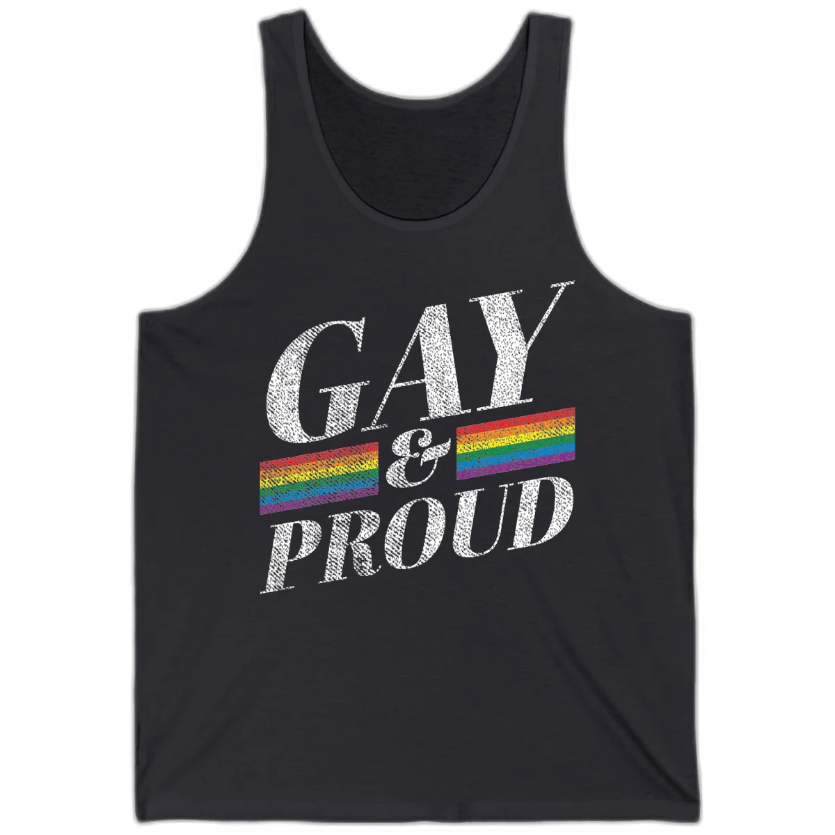 Gay and proud pride design with large white textured letters and rainbow flag stripes on gray background in Dark Grey