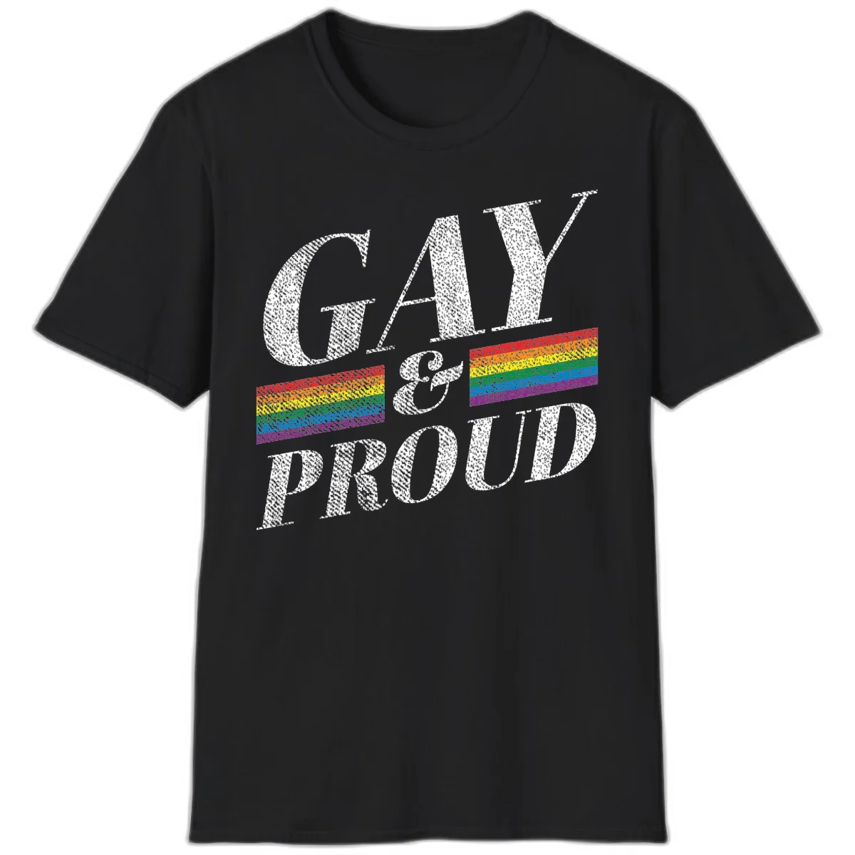 Gay and proud pride design with large white textured letters and rainbow flag stripes on gray background in Black